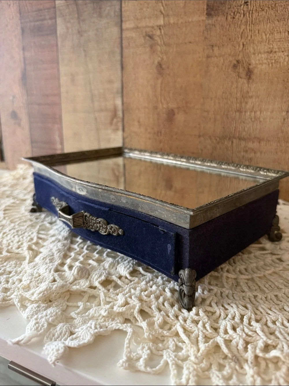 Vintage Velvet Jewelry Trinket Box with Mirrored Top - Navy
